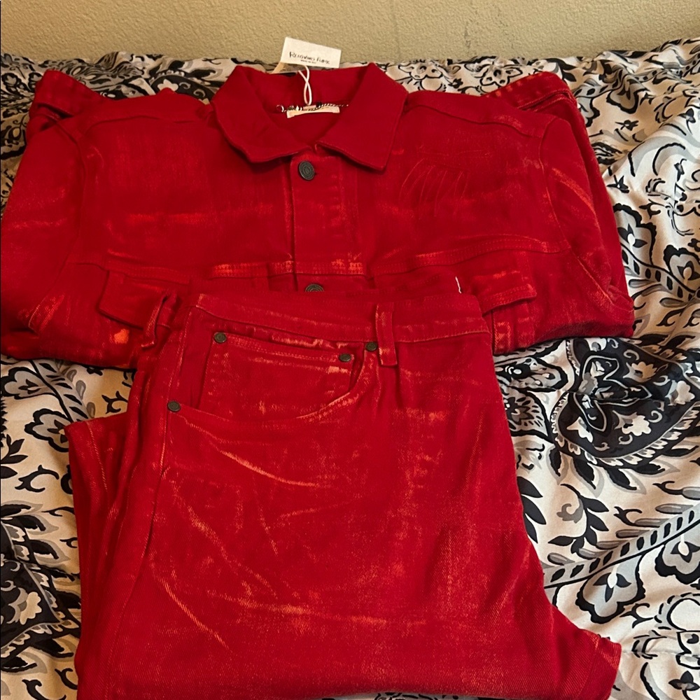 Men Bright Red Denim Jacket and Jeans Set